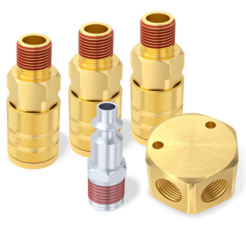 Taisher 3-Way 1/4 Inch NPT Hex Style Air Manifold with 3 Pieces Brass Industrial Coupler and Plug, Air Compressor Hose Accessories Quick Connect Fittings Air Splitter - Image 2